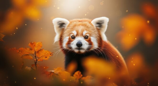 An adorable red panda with curious eyes peeking from autumn leaves, captured in warm, glowing light.