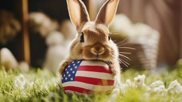 Small Rabbit with Patriotic Red White and Blue Easter Egg in Soft Spring Light