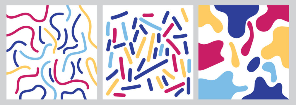 Colorful abstract squiggle sprinkle and organic blob seamless pattern collection modern playful backgrounds 