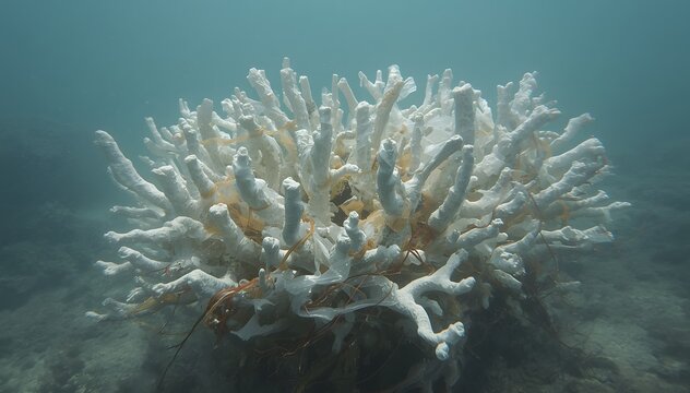 A tragic underwater scene of a bleached white coral reef suffocated by tangled plastic bags and cloudy water from heavy pollution.