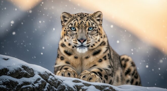 Majestic Snow Leopard With Piercing Blue Eyes Lying In Snowy Mountain Landscape