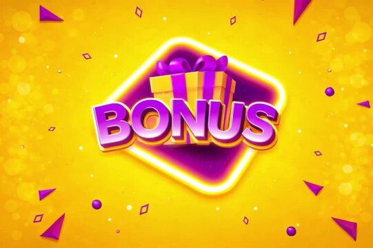 Bonus promotion gift reward cashback loyalty sale discount offer on yellow background with gift box and purple shapes. Bright retail banner for coupon program shopping app or festive commerce.
