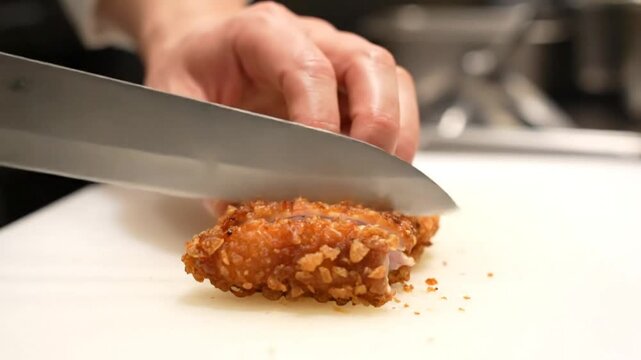 Chef carefully slicing crispy fried chicken on a white cutting board in a professional kitchen