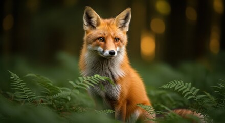 Obraz premium A curious red fox sits attentively in lush green foliage within a forest setting, its gaze fixed outwards.