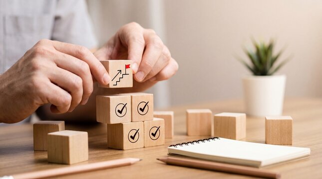 Man's hands placing a wooden cube with a red flag on a stack of checkmarked achievement blocks.
