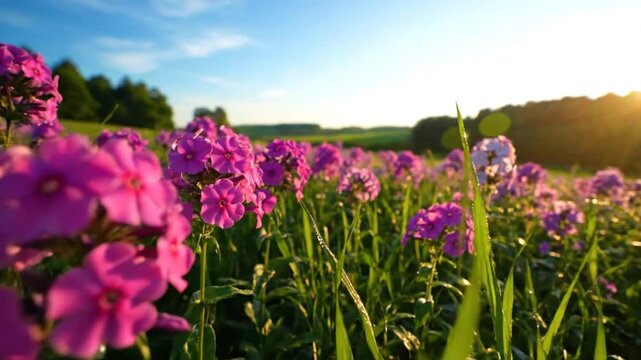 Low angle view of vibrant pink phlox flowers in a field of green grass under the bright sun and blue sky