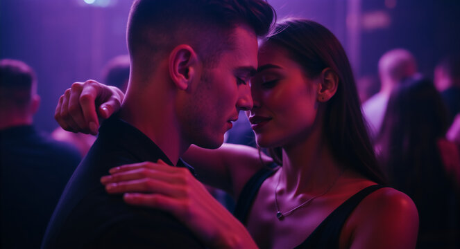 Young couple dancing closely in a nightclub. Intimate man and woman embracing under purple neon lights at a party