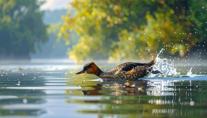 Fototapeta premium A duck creates a splash as it glides swiftly across a calm body of water with sunlight hitting the surrounding foliage