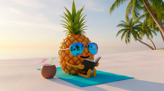 Funny pineapple character relaxing on a tropical beach reading a book