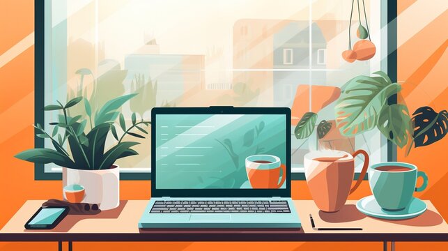 The flat-style illustrations depict a remote work lifestyle, featuring a floating laptop, a video call interface, two-dimensional geometric shapes, and a minimalist business style outlined by lines.
