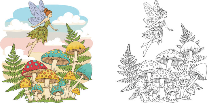 autumn fairy angel mashroom hand drawn vector illustration for children coloring book
