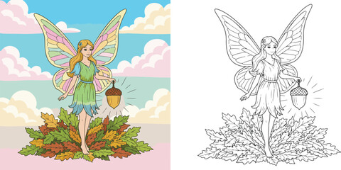 autumn fairy angel acorn hand drawn vector illustration for children coloring book © Avijit