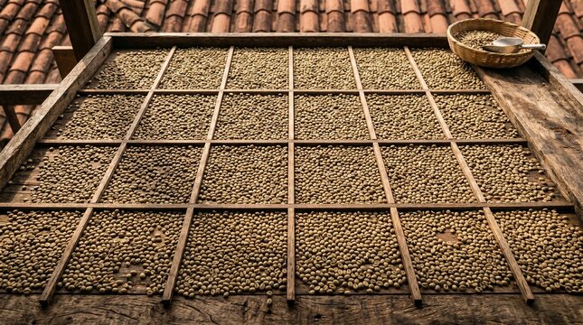 Coffee beans drying under sunlight, artisanal coffee production concept