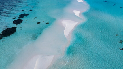 Aerial view of Summer lagoon Ripples in the sand at low tide on a beach with sandbar background and blue sea in Maldives island © SASITHORN