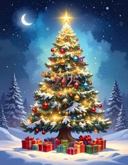 Obraz premium A brightly lit Christmas tree surrounded by gifts in a snowy landscape