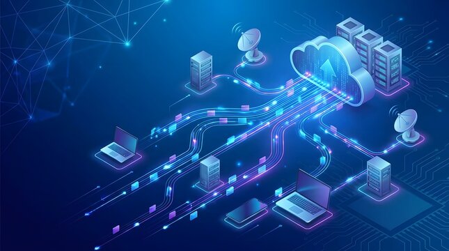 Isometric cloud computing network infrastructure with servers and data transfer.