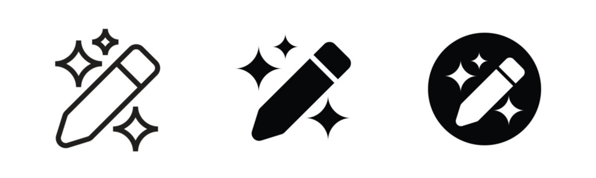 Set of black magic pencil and edit icons with shining stars 
