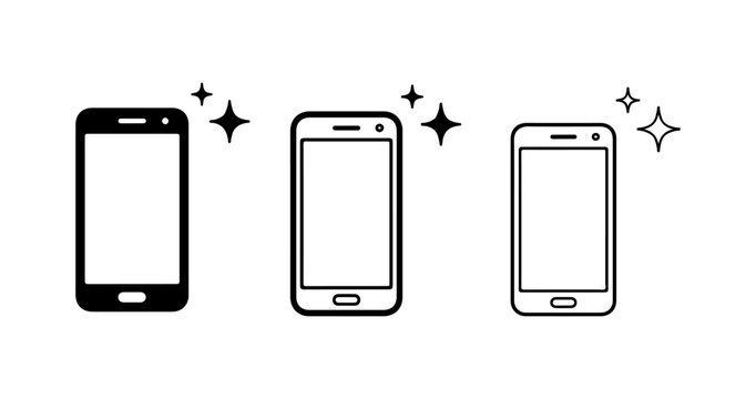 Smartphone icon collection, mobile phone symbols set, touchscreen device illustrations, modern mobile technology icons, outline and solid style vector pack, communication device graphics