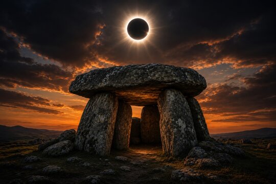 Total solar eclipse above ancient stone dolmen at dusk. AI-generated.