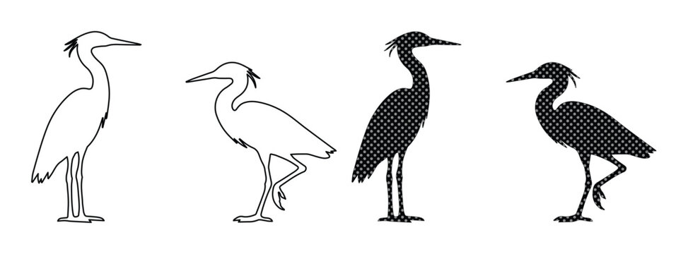 Minimalist heron bird silhouette vector set, elegant crane line art icons, black and white wading bird illustrations for nature branding