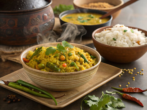 Durga Puja bhog khichuri with labra curry, realistic Bengali festive meal