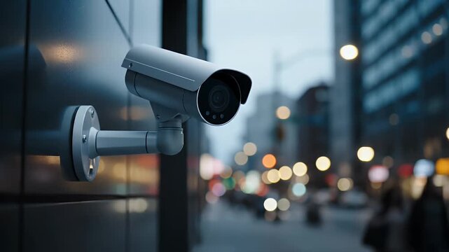 Cctv security camera mounted on a modern building wall overlooking a busy city road.
