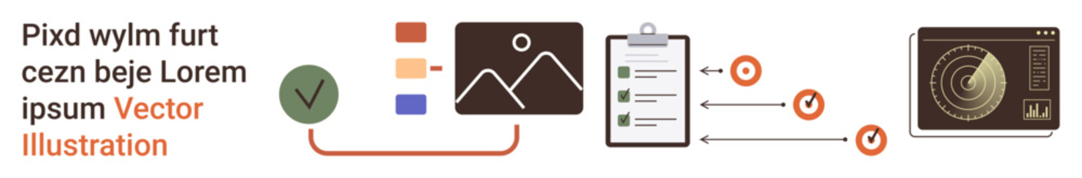 Data validation, workflow optimization, cybersecurity, authentication process, digital management, content verification. Series of icons showing checklist, data steps and shield. Data validation