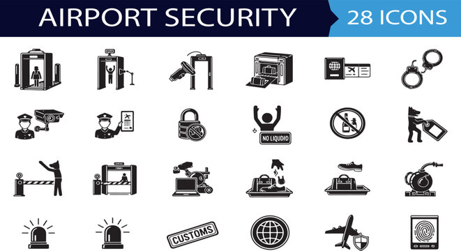 Airport security icons for checkpoint surveillance and luggage scanner.