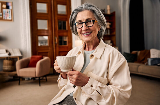 Smiling senior woman holding mug in cozy living room.