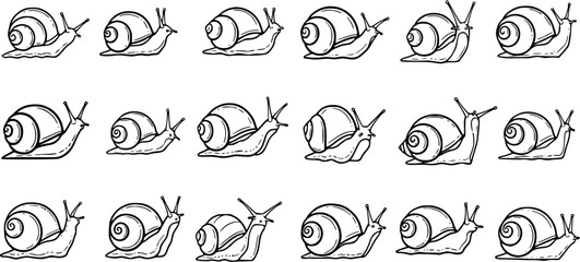 Black and White Line Art Snails Set. Outline Icons of Garden Creatures for Nature, Animal, and Outdoor Themes. Minimalist Doodle Collection. © victoria