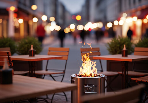 Cozy outdoor dining scene with fire pit a warm evening gathering in the city