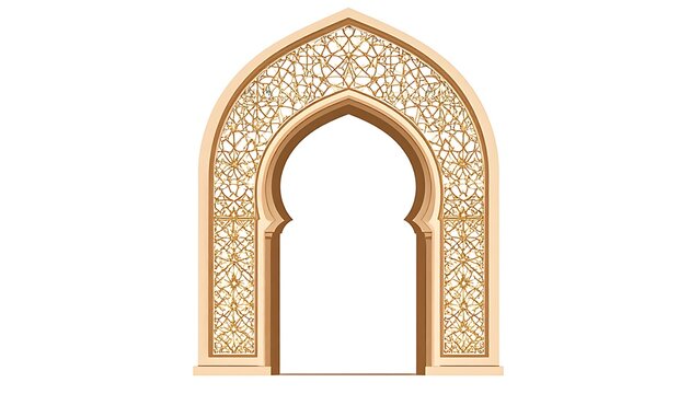 Ornate arched entryway with intricate golden geometric patterns, Islamic architecture, decorative facade, traditional design element