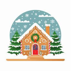 Fototapeta premium Gingerbread House with Christmas Wreath and Snowing Sky