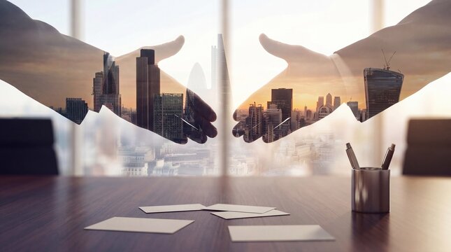 Double exposure of business handshake with cityscape background, symbolizing global partnership, successful deals.