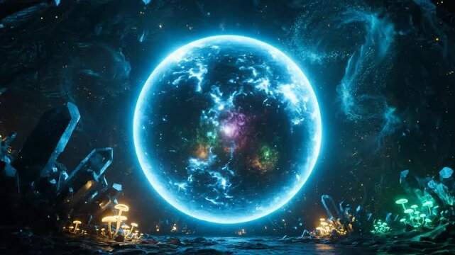 Mystical glowing orb in a fantastic fantasy cave with crystals and glowing mushrooms showing a portal to another dimension