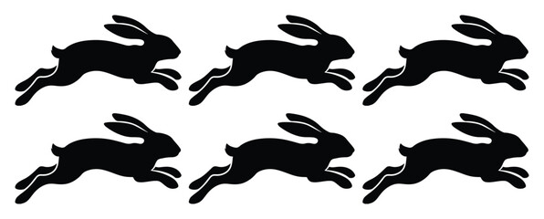 Running rabbit silhouette set, black jumping hare icons, 6 jumping bunny vector elements, minimalist wild animal silhouettes for nature logos © Jemie