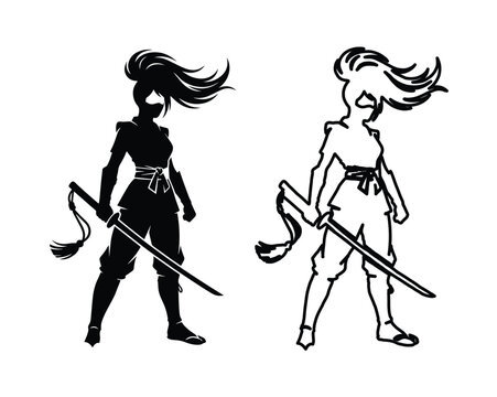 Female ninja silhouette and line art vector set, Japanese kunoichi warrior with katana sword, martial arts assassin character icons for gaming