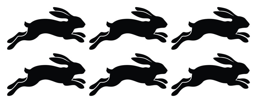 Running rabbit silhouette set, black jumping hare icons, 6 jumping bunny vector elements, minimalist wild animal silhouettes for nature logos
