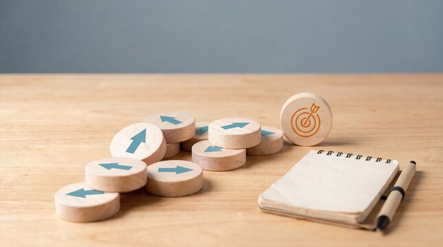 Wooden blocks with forward arrows illustrating a clear path and progress towards achieving a central strategic target.