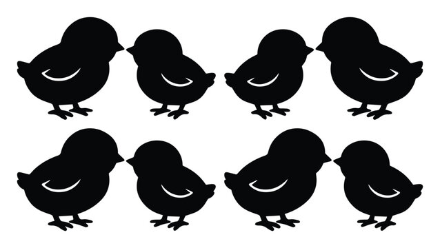 Minimalist baby chick silhouettes, black bird icons set of 8, cute farm animal vector graphics for Easter and spring designs
