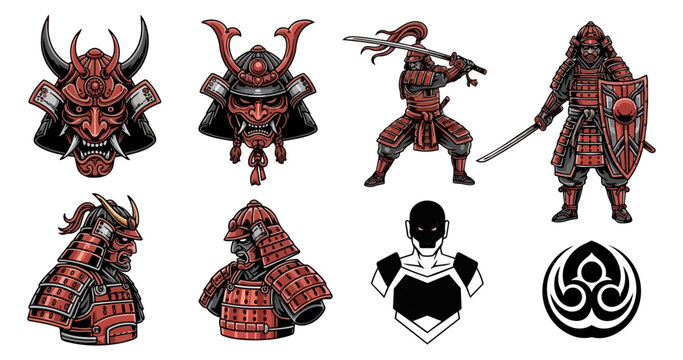 Samurai warrior illustrations with helmets armor and fighting poses