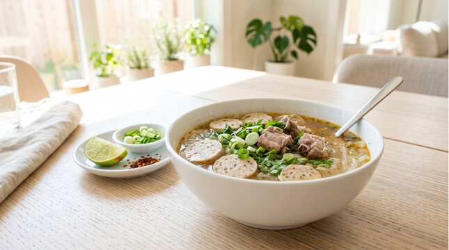 Bright bowl of Khao Piak Sen noodle soup on light wood table