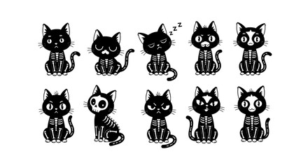 Obraz premium Cat cartoon character set with cute expressions, whiskers and bell accessories, hand-drawn style icons on white background