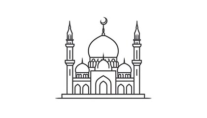 Fototapeta premium Outline illustration of a mosque with dome and minarets on a white background, simple Islamic architectural symbol