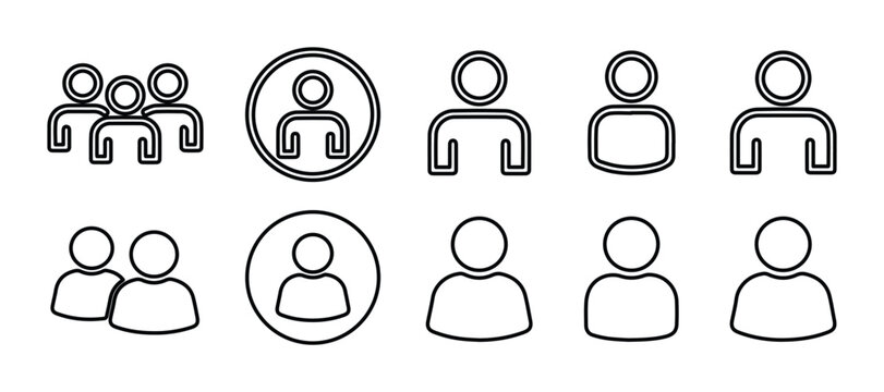 Minimalist user profile icon set, 10 black outline people avatars for web interface, professional team and member account vector symbols