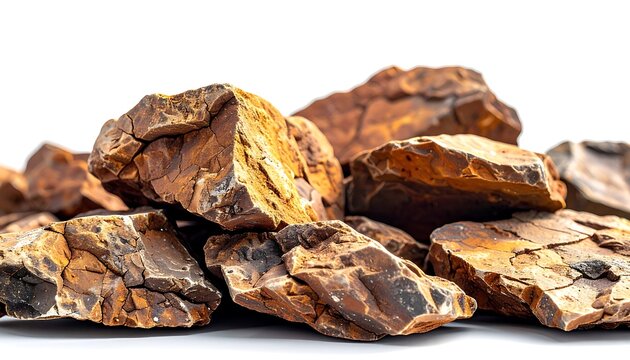 Pile of raw hematite rocks with a rough, textured surface and earthy brown and reddish-orange colors, mineral specimen