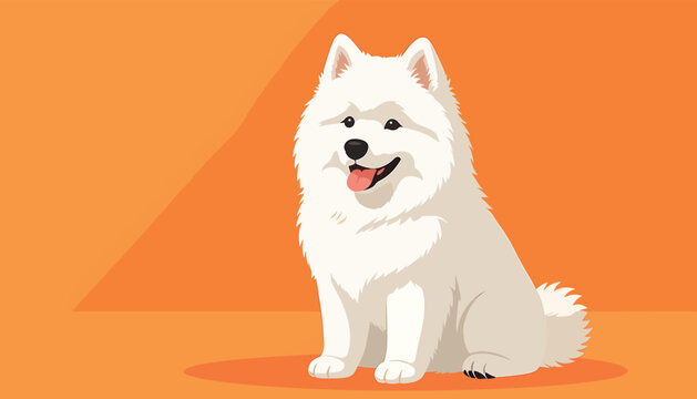 High-quality vector illustration of a fluffy white Samoyed puppy sitting and facing forward. Detailed canine portrait featuring thick white fur, dark eyes, and a friendly expression.