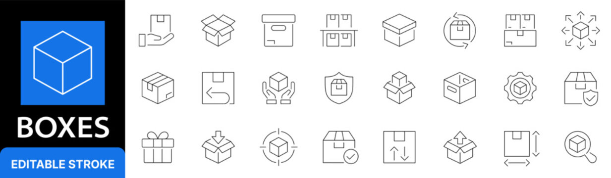 Box icon. Boxes icon set. Package. Editable stroke. Vector illustration