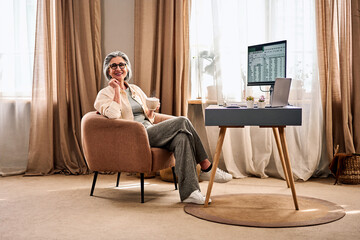 Obraz premium Senior woman working from home with coffee in cozy home office.
