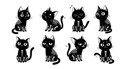 Obraz premium Cat cartoon icon set with cute black kittens, stripes, whiskers, and doodle style for stickers and kids projects